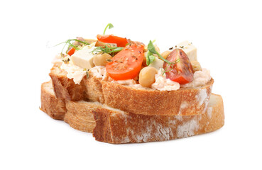 Tasty vegan sandwich with tomatoes, tofu and chickpeas isolated on white