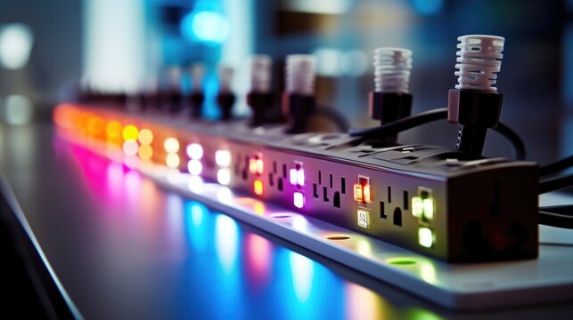 Closeup of a smart power strip with individual control switches for each outlet.