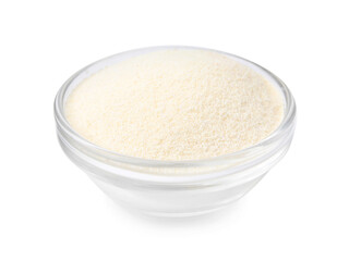 Bowl of uncooked organic semolina isolated on white