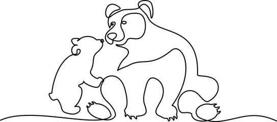 Continuous one line drawing. Bear with baby cub. Vector illustration