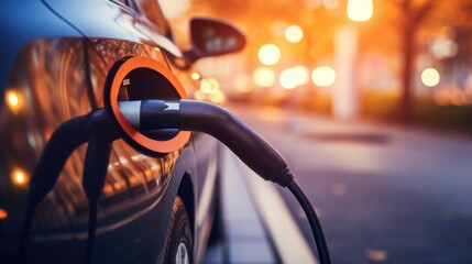 Closeup of the sy charging cable connecting an electric car to the charging station.