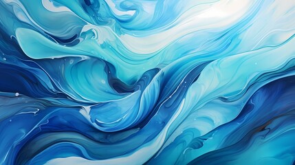 Luminescent waves of indigo and teal liquid colliding and intertwining, forming a captivating 3D abstract masterpiece with vivid splashes in HD clarity. - obrazy, fototapety, plakaty