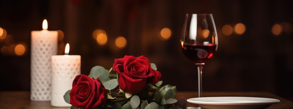 Romantic Candlelit Dinner Setting With Red Wine and Roses Against a Blurred Background