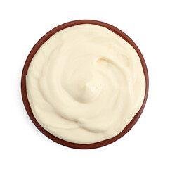 Fresh mayonnaise sauce in bowl isolated on white, top view