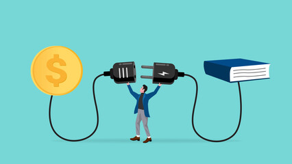 exchanging money with book to get knowledge to achieve target or goal, businessman connect plug with money book concept vector illustration with flat style design
