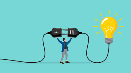 connect idea, businessman connect plug with light bulb idea to power socket concept vector illustration with flat style design