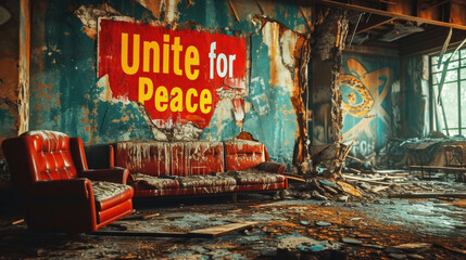 Naklejka premium A worn-out 'Unite for Peace' sign hangs in a decrepit room, its colors a contrast to the surrounding decay, urging togetherness.