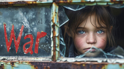  A young girl peers through shattered glass, her eyes conveying a profound message against the backdrop of 'War'.
