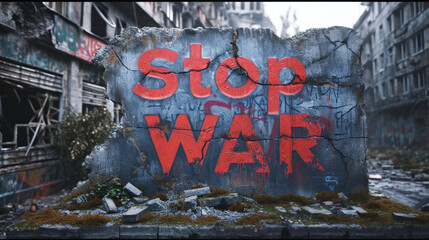 Naklejka premium Red 'Stop War' letters are spray-painted onto a dilapidated building, standing out in a call for peace amidst the ruins.