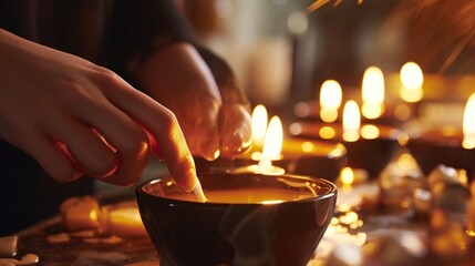 Closeup of a candle makers hands gently dipping a wick into a pot of melted wax, creating a new candle.