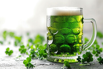 St. Patrick's Day Green Beer pint glass over white background, with shamrock leaves, saint of...