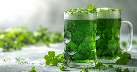 St. Patrick's Day Green Beer pint glass over white background, with shamrock leaves, saint of ireland - obrazy, fototapety, plakaty