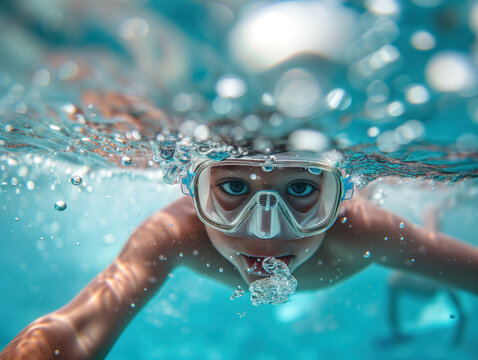 A joyful child snorkels in a pool wears swimming goggles