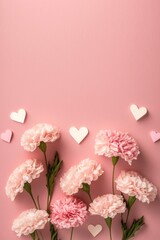 Mother's day concept. Top vertical view flat lay of beautiful carnation flowers pink paper hearts on pastel pink background with empty space for text or advert Perfect for mother's day, Generative AI 