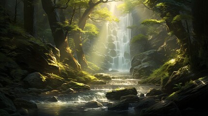 Sunlight filtering through dense trees, illuminating a cascading waterfall in a tranquil forest setting.