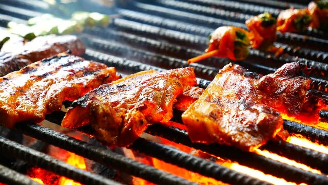 BBQ Barbecue grilled meat stick on fire flame with hot charcoal cooking outside. Beef grilling picnic outdoor with smoke bacon spicy sausage for party. Grill pork bbq on fire flame
