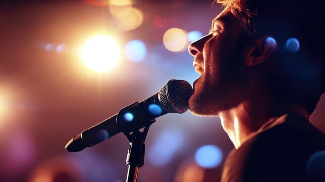 Closeup of a singers mouth as they hit a high note at a pop music concert.
