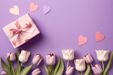 Mother's Day concept. Top view flat lay of pink present boxes with ribbon, tulip flowers, paper hearts on a soft pastel violet background with space for text or, Generative AI 