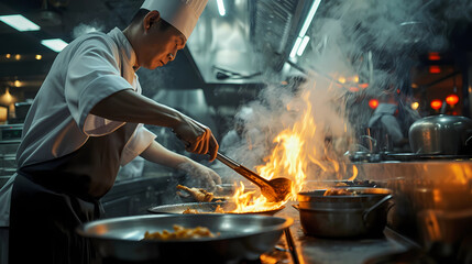 a chef busy cooking typical Chinese dishes - obrazy, fototapety, plakaty
