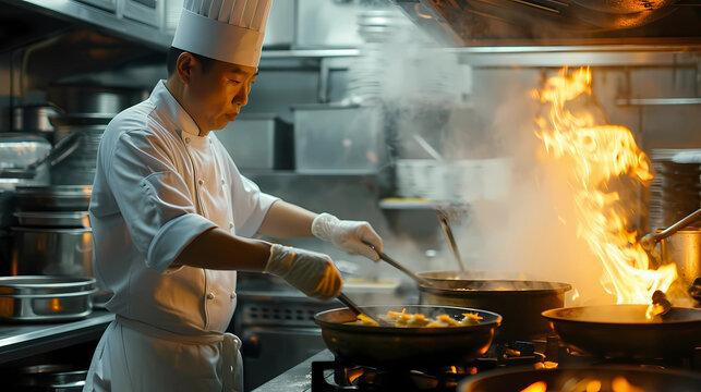 a chef busy cooking typical Chinese dishes