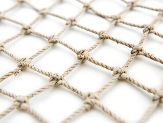 Close-up of a white background showcasing a rope mesh net, perfect for football or tennis