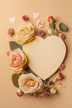 Mother's Day celebration concept. Flat lay top view photo of heart banner with copy space for advertisement or branding and pretty roses on pastel beige, Generative AI 