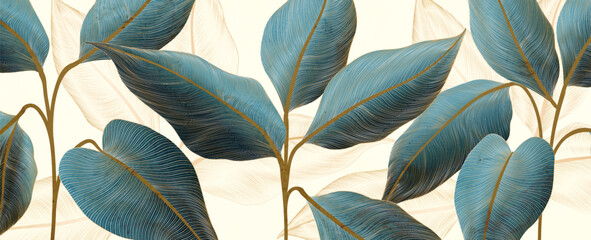 Abstract art background with hand drawn tropical plant leaves with golden line elements. Botanical banner for decoration design, print, wallpaper, textile, interior design, poster.