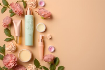 Obraz na płótnie Canvas Stylish beauty ritual concept. Top view flat lay of trendy serum pump bottles, tube, jade roller, and rose flowers on a pastel beige background with an empty space for copy space, Generative AI 