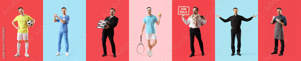 Poster set of young man in uniforms of different professions on color background