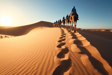 A caravan of camels forms a line as it treks across the golden sand dunes of the desert under the warm glow of the setting sun.
