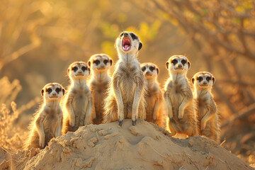 Fototapeta premium A group of meerkats stands attentively on a sandy mound in the warm glow of the sunrise, with one meerkat appearing to yawn.