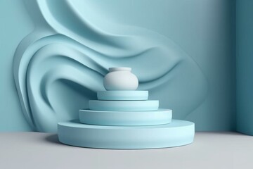 Podium for showcasing a product, pastel blue backdrop, 3D rendering, 3D art. Generative AI