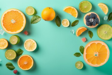 Citrus explosion concept. Top view of fresh oranges, lemons, limes and grapefruits with mint leaves on turquoise background with empty space for promotional, Generative AI 