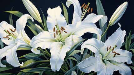 Elegant lilies in pristine white, their intricate blooms against a seamless midnight blue backdrop.