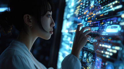 Asian young woman watching and touch screen digital transformation concept. System engineering. Binary code. Programming idea concept