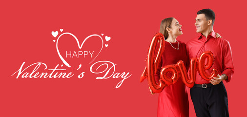 Festive banner for Happy Valentines Day with young couple holding balloon in shape of word LOVE