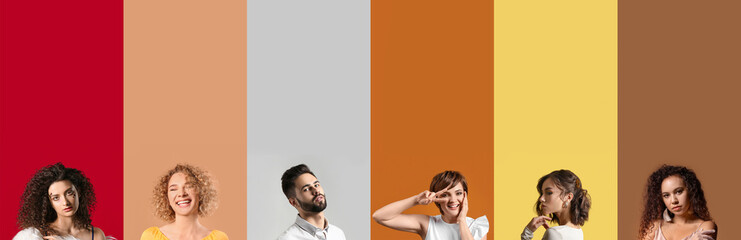 Set of stylish young people with trendy hairstyle on color background