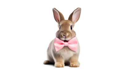 Easter Bunny with pink bow tie sitting, isolated transparent background