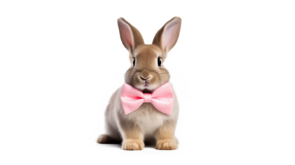 Easter Bunny with pink bow tie sitting, isolated transparent background