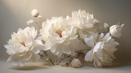 Elegant peonies in shades of blush and cream, their velvety blooms set against a pearl-gray backdrop.