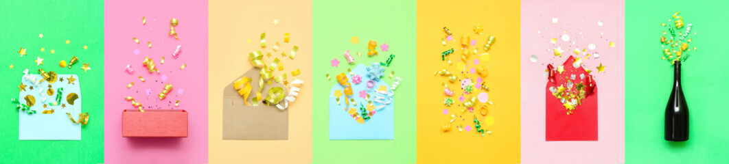 Collage of envelopes with champagne bottle, confetti and streamers on color background