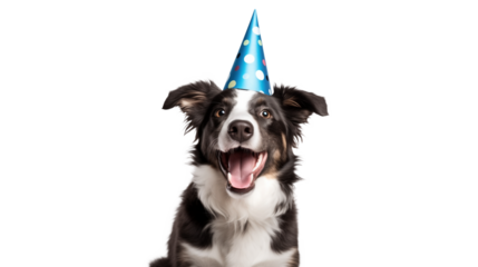 Happy smiling dog with party hat, isolated transparent background