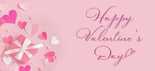 Greeting banner for Valentine's Day with beautiful paper hearts and gift on pink background