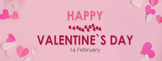 Fototapeta na wymiar Greeting banner for Valentine's Day with beautiful paper hearts on pink background