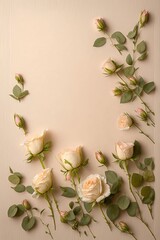 Top vertical view shot of lovely small roses on a serene beige background includes a spacious area left open for advertising, making it perfect for promotions or, Generative AI 