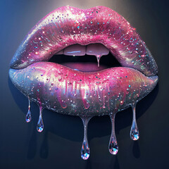 pink and silver lips dripping, metallic with diamonds on bottom lip,