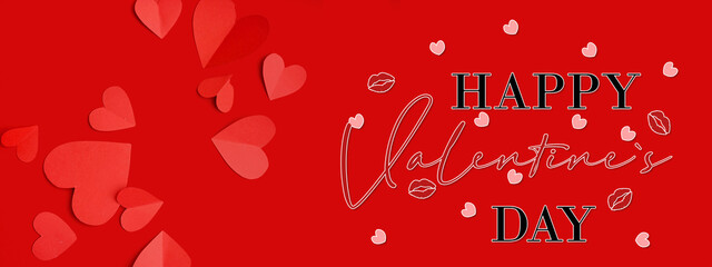 Greeting banner for Valentine's Day with beautiful paper hearts on red background