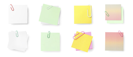 Collage of paper sheets with clips on white background