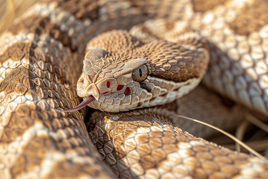 A close-up view of a coiled rattlesnake with a protruding forked tongue,  in its arid desert habitat.