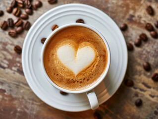 Obraz premium Top view of a single white cup of coffee with a Valentine's heart shape made of cream